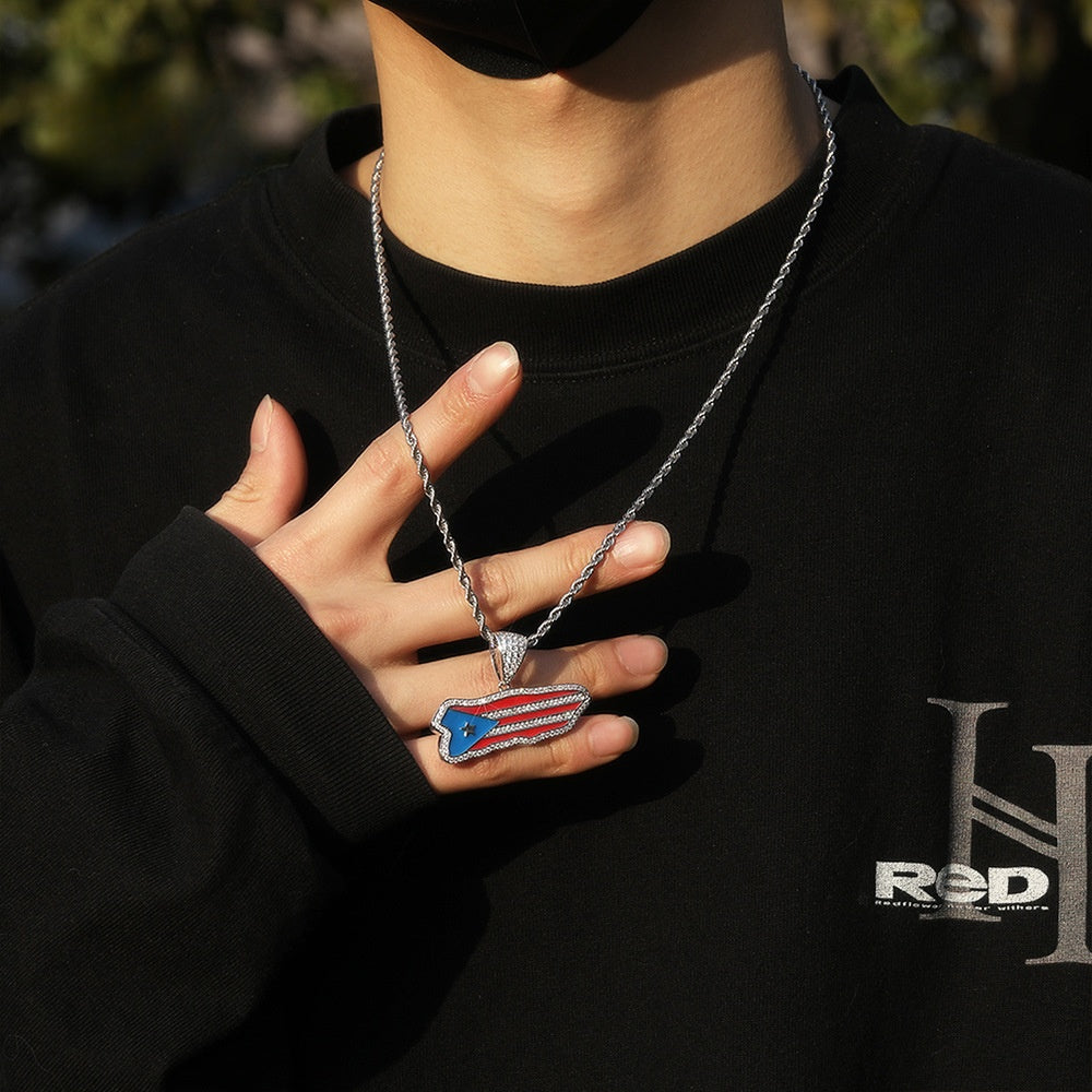 Iced Irregular Flag Pendant Necklace with Cubic Zirconia Twist Chain for Women & Men