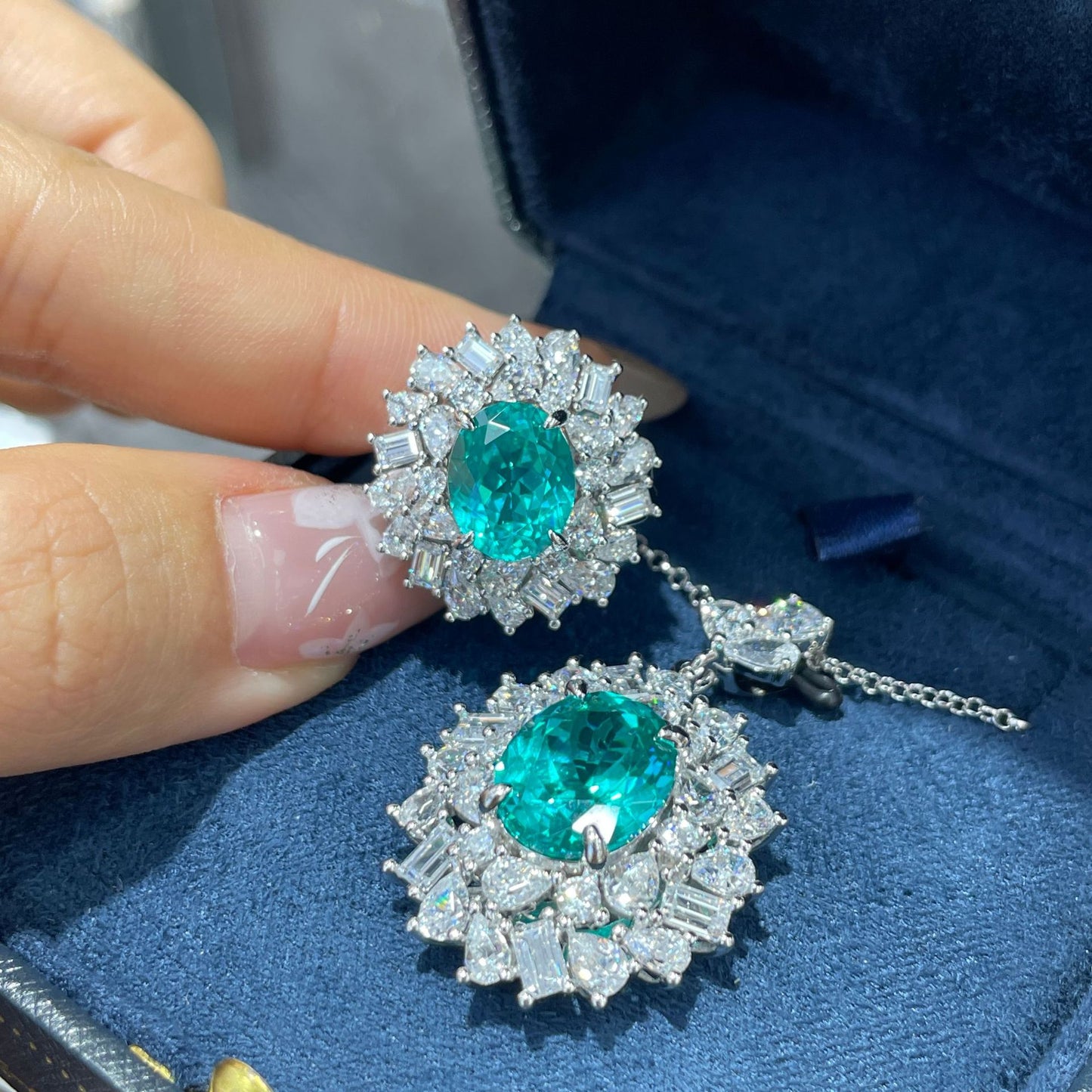 925 Silver Paraiba-Style Halo Ring, Lab-Created Blue-Green Gemstone product image