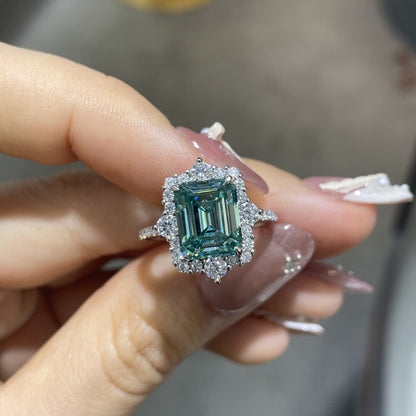 Green Moissanite Halo Ring, 8x10mm 4 Carat Emerald Cut, S925 Gold-Plated Ring for Women