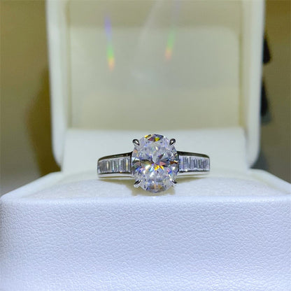 Oval Moissanite Ring with Baguette Side Stones, Vintage Style Engagement Ring for Women