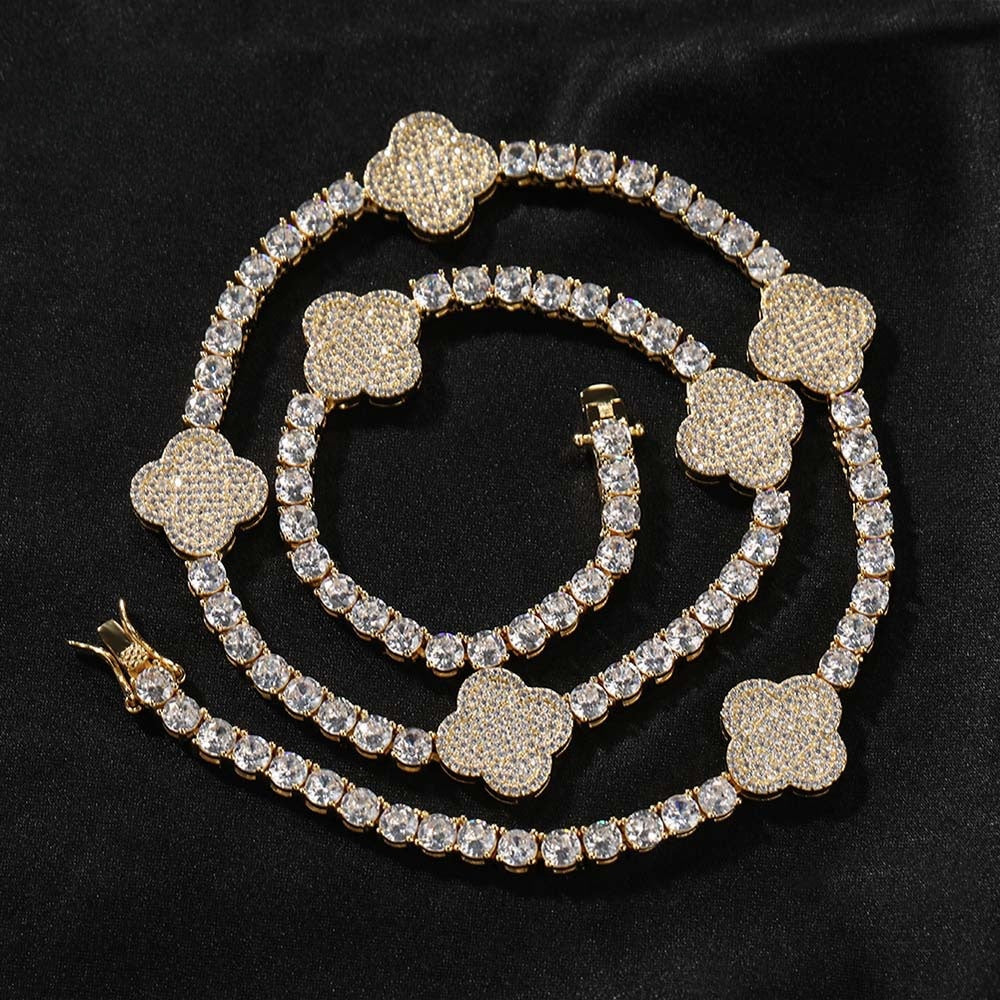 Cubic Zirconia Four Leaf Clover Chain Bracelet & Necklace Set for Women and Men