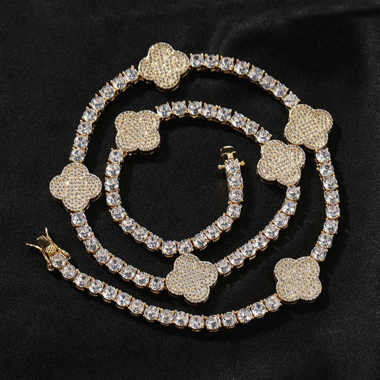 Cubic Zirconia Four Leaf Clover Chain Bracelet & Necklace Set for Women and Men
