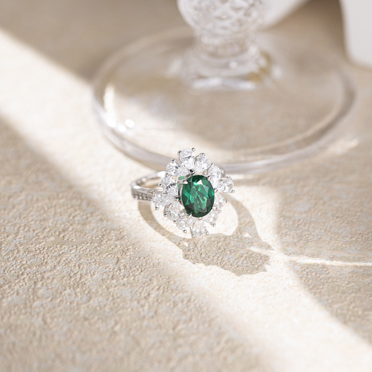 Green Lab-Grown Emerald Halo Ring, S925 Sterling Silver Ring for Women product image
