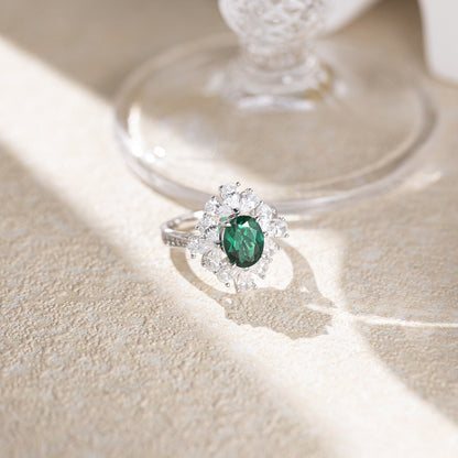 Green Lab-Grown Emerald Halo Ring, S925 Sterling Silver Ring for Women