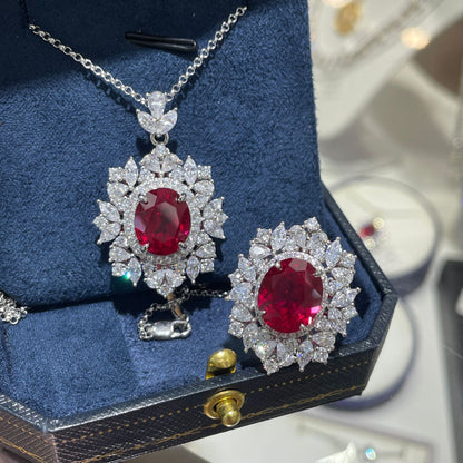 Lab-Grown Ruby Floral Halo Pendant Necklace