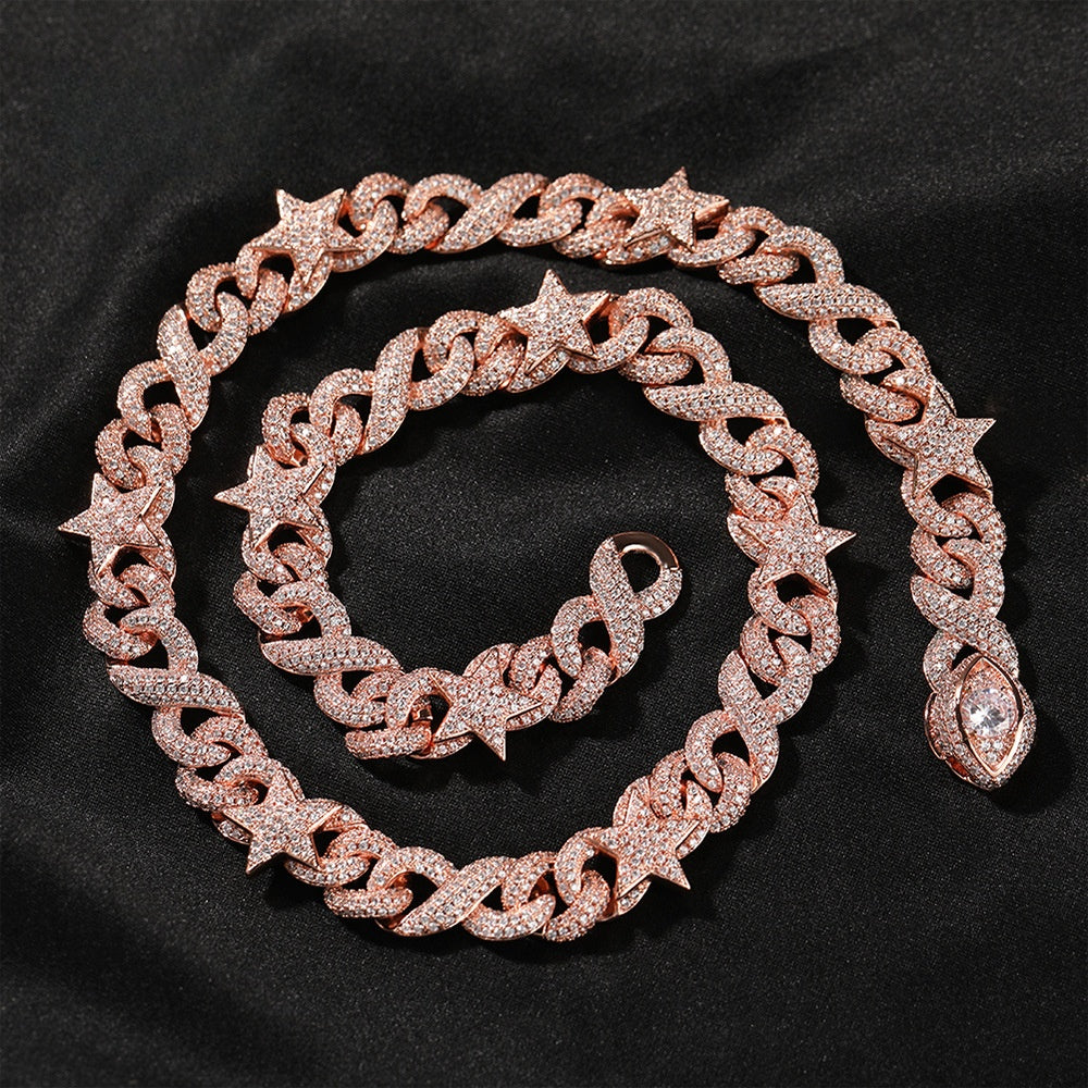 Unisex Iced Cuban Link Chain Necklace & Bracelet with Cubic Zirconia Stars and Pendant