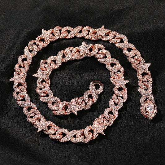 Unisex Iced Cuban Link Chain Necklace & Bracelet with Cubic Zirconia Stars and Pendant