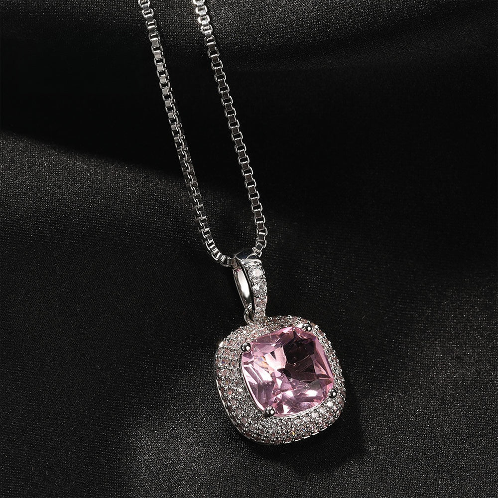 Unisex Square Cubic Zirconia Pendant Necklace with 24 Inch Twisted Chain in Silver Tone product image