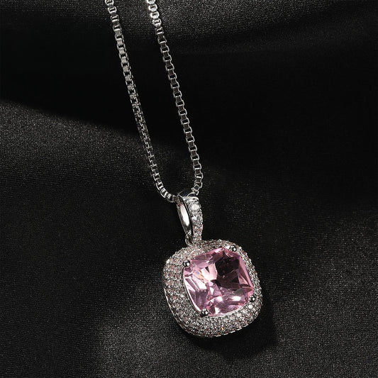 Unisex Square Cubic Zirconia Pendant Necklace with 24 Inch Twisted Chain in Silver Tone