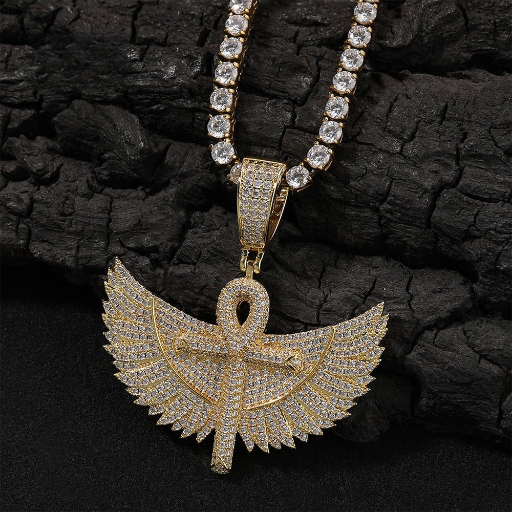 Iced Wing Cross Pendant Necklace with Cubic Zirconia Twist Chain for Women and Men