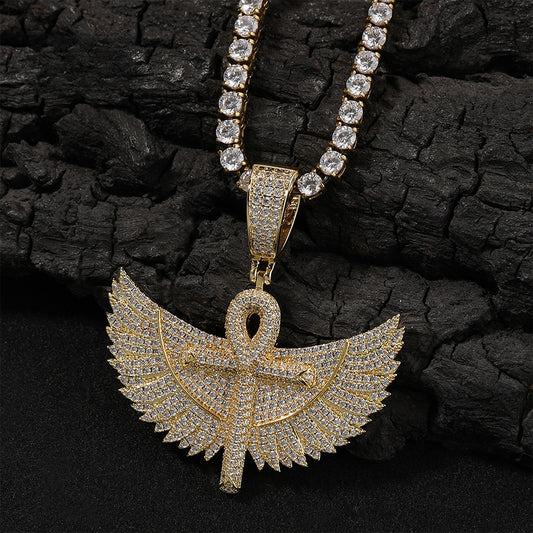 Iced Wing Cross Pendant Necklace with Cubic Zirconia Twist Chain for Women and Men