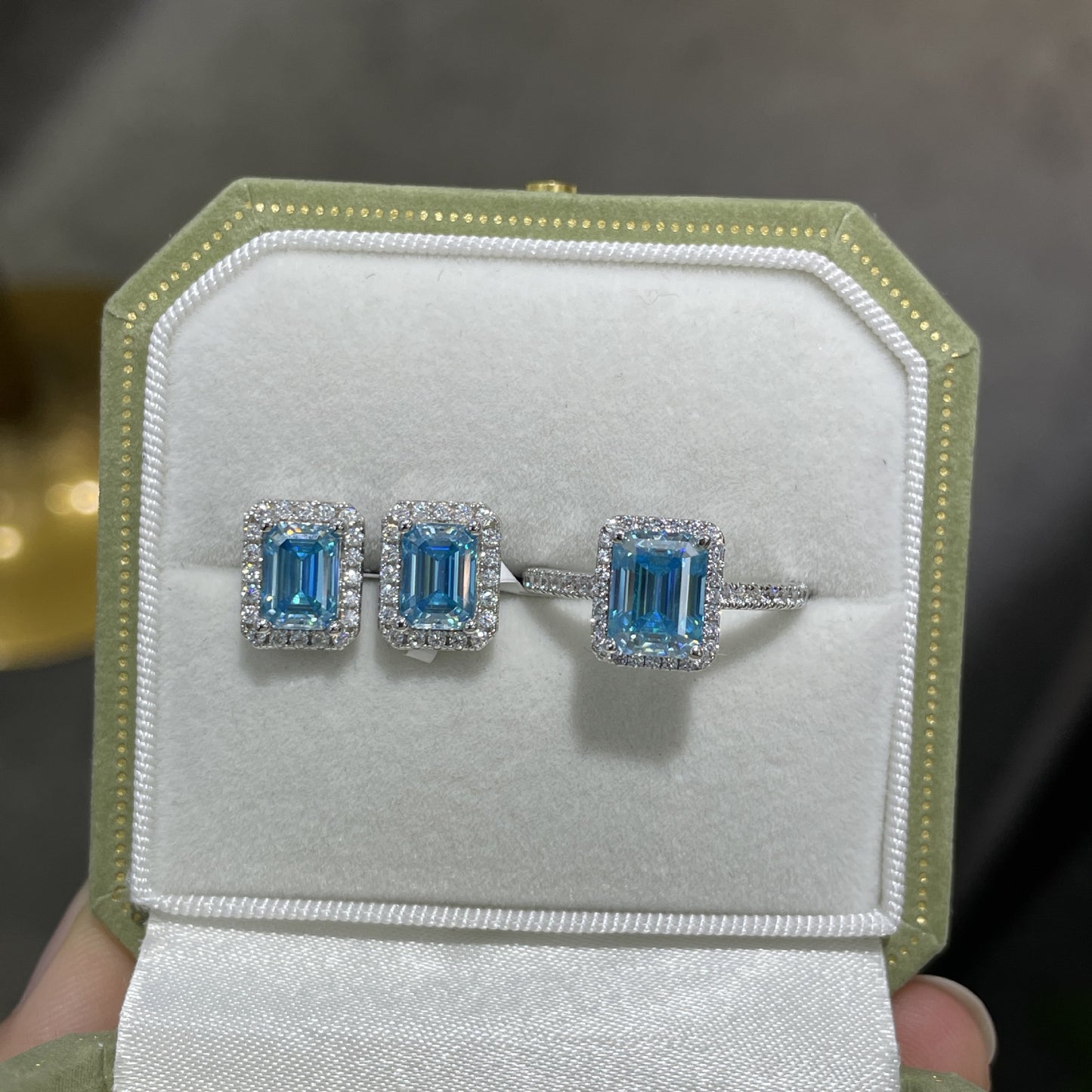 Blue Emerald-Cut Moissanite Ring & Earrings Set, 1-Carat, 18K Gold Plated S925 Silver product image
