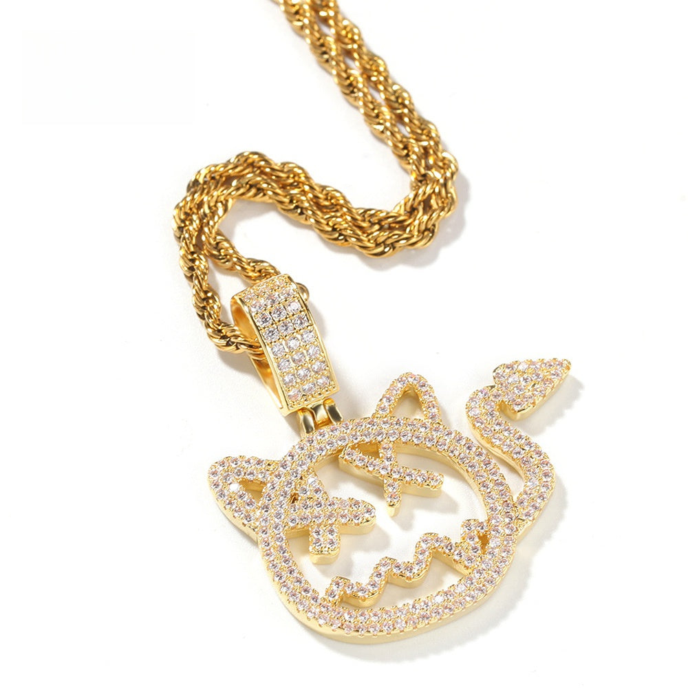 Cartoon Cat Cubic Zirconia Pendant Necklace for Women and Teen Girls – Gold or Silver Tone Hip Hop Statement Chain