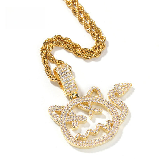Cartoon Cat Cubic Zirconia Pendant Necklace for Women and Teen Girls – Gold or Silver Tone Hip Hop Statement Chain