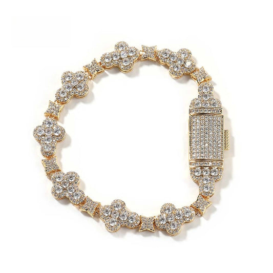 Unisex Cross Flower Cubic Zirconia Bracelet - Gold Plated or Silver Plated Hip Hop Statement Chain, 7 inch / 8 inch
