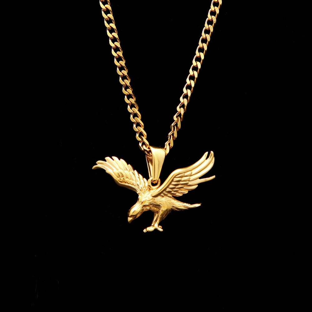 Gold Plated Stainless Steel Eagle Pendant Necklace with 3mm Cuban Chain for Women and Men