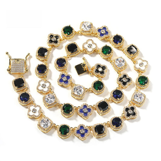 Iced Out Statement Chain Necklace with Multicolor Cubic Zirconia Pendant Links for Women and Men