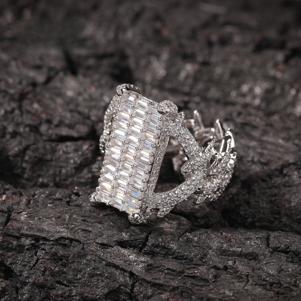 Unisex Iced Out Rectangle Ring - Micro Pave Cubic Zirconia Statement Ring in Gold or Silver Tone, Size 8