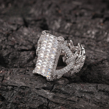 Unisex Iced Out Rectangle Ring - Micro Pave Cubic Zirconia Statement Ring in Gold or Silver Tone, Size 8