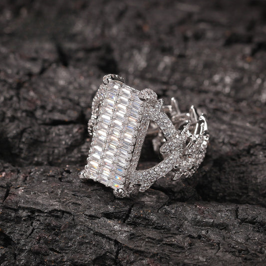 Unisex Iced Out Rectangle Ring - Micro Pave Cubic Zirconia Statement Ring in Gold or Silver Tone, Size 8