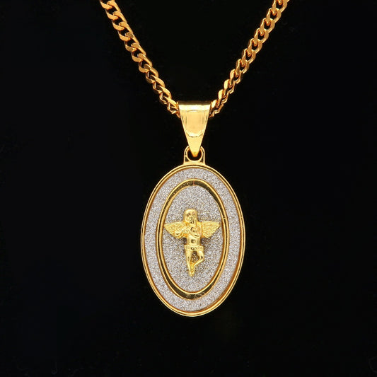 Unisex Oval Angel Pendant Necklace with 3mm Cuban Chain, Gold Plated or Silver Plated Hip Hop Statement Chain
