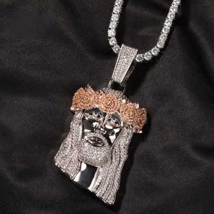 Iced Out Jesus Face Pendant Necklace with Cubic Zirconia Twisted Chain - Hip Hop Statement Silver, Silver Pink & Gold Silver Tone