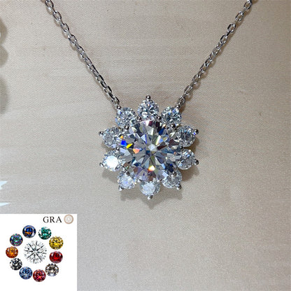 15 Carat Moissanite Flower Pendant Necklace for Women, Color Halo Statement Chain Necklace
