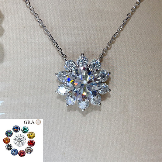 15 Carat Moissanite Flower Pendant Necklace for Women, Color Halo Statement Chain Necklace