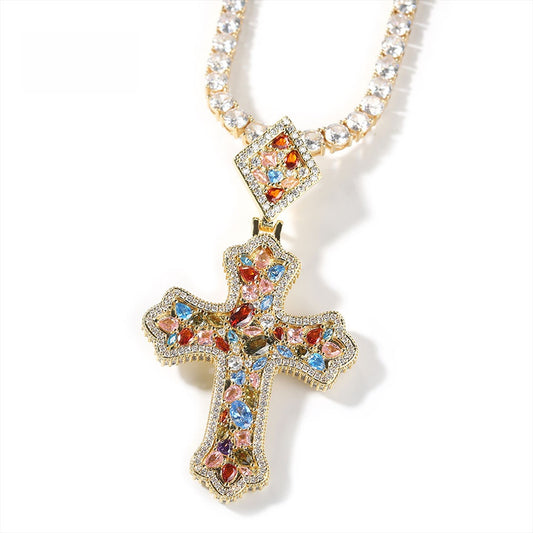Iced Cross Pendant Necklace for Women with Cubic Zirconia, Gold Silver Rose Gold Twisted Chain Statement Necklace