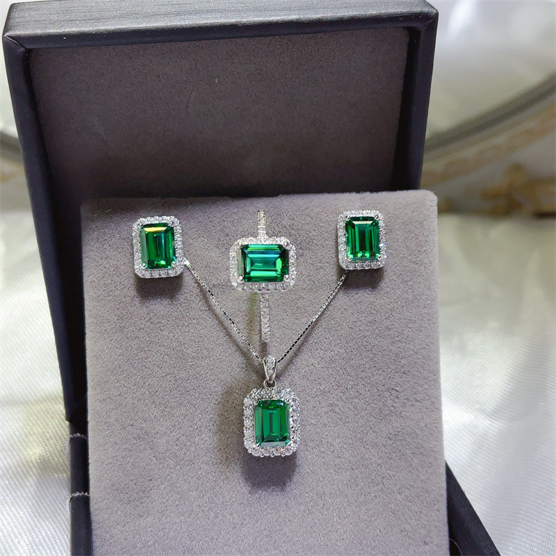 Emerald Green Halo Jewelry Set for Women, Rectangular Pendant, Stud Earrings and Ring, Minimal Everyday Gift Style product image