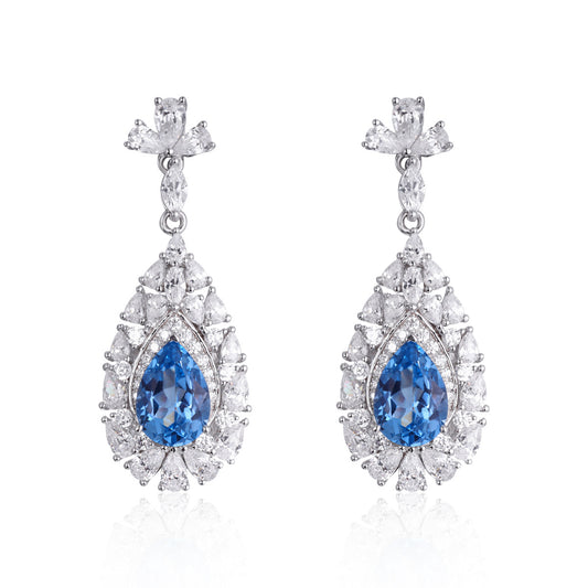 Blue Teardrop Drop Earrings, 925 Silver Crystal Halo Dangle Earrings product image