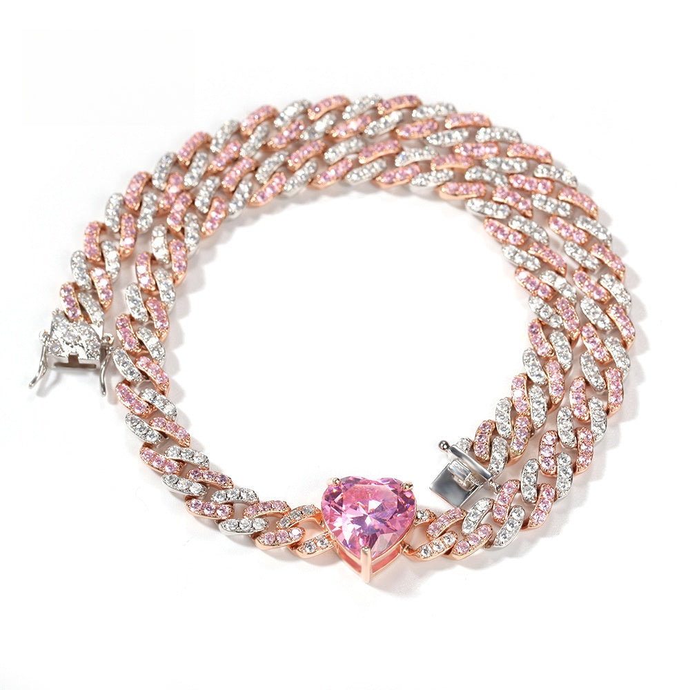 Unisex Pink Heart Cubic Zirconia Cuban Chain Necklace Anklet - Iced Out Statement Charm Jewelry