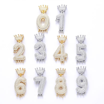 Hip Hop Crown Number Teardrop Cubic Zirconia Pendant Necklace for Men and Women