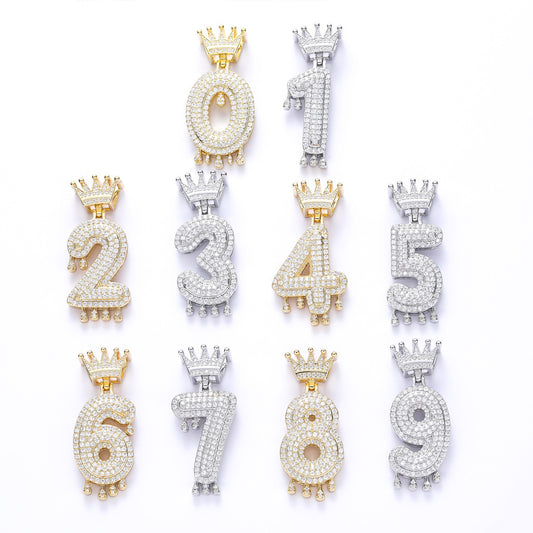 Hip Hop Crown Number Teardrop Cubic Zirconia Pendant Necklace for Men and Women