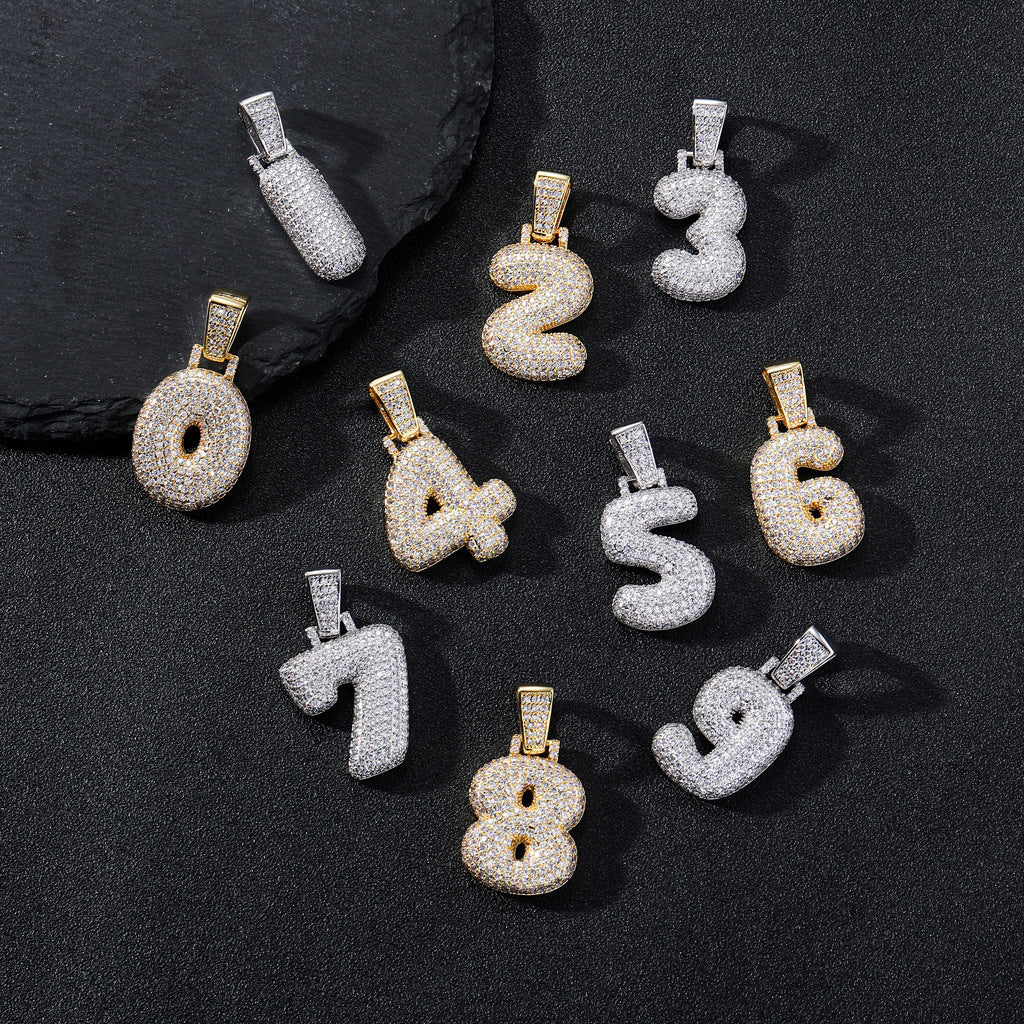 Hip Hop Minimalist Number Bubble Cubic Zirconia Pendant Necklace for Men and Women