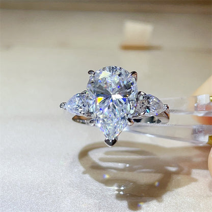 6 Carat Pear Cut VVS1 Moissanite Ring for Women, Three Stone Engagement Ring, D Color Statement Promise Ring