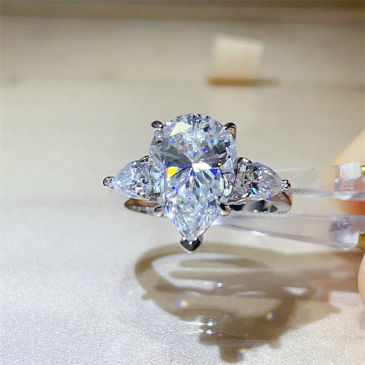 6 Carat Pear Cut VVS1 Moissanite Ring for Women, Three Stone Engagement Ring, D Color Statement Promise Ring