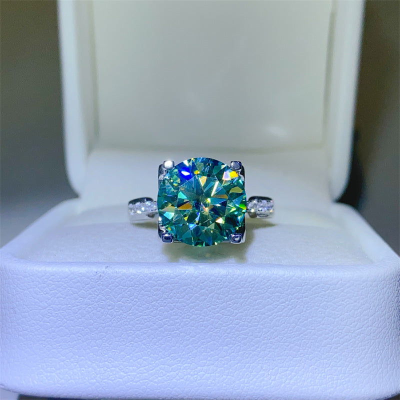 Green Moissanite Solitaire Ring with Side Accents for Women, Round Cut Geometric Statement Ring product image