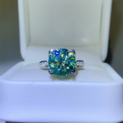 Green Moissanite Solitaire Ring with Side Accents for Women, Round Cut Geometric Statement Ring