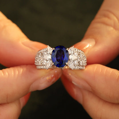 Blue Oval Sapphire Halo Ring, S925 Sterling Silver Promise Ring for Women