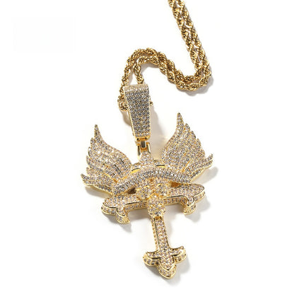 Iced Winged Cross Pendant Necklace with Twisted Chain for Women & Men