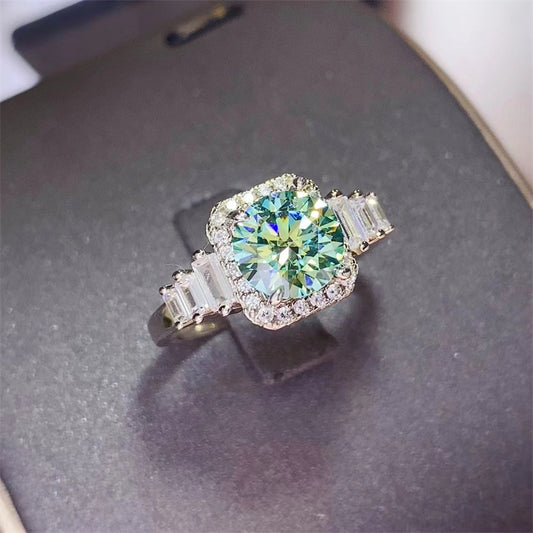 3 Carat Moissanite Halo Ring with Side Baguette Accents, Geometric U Shape Stackable Women’s Ring