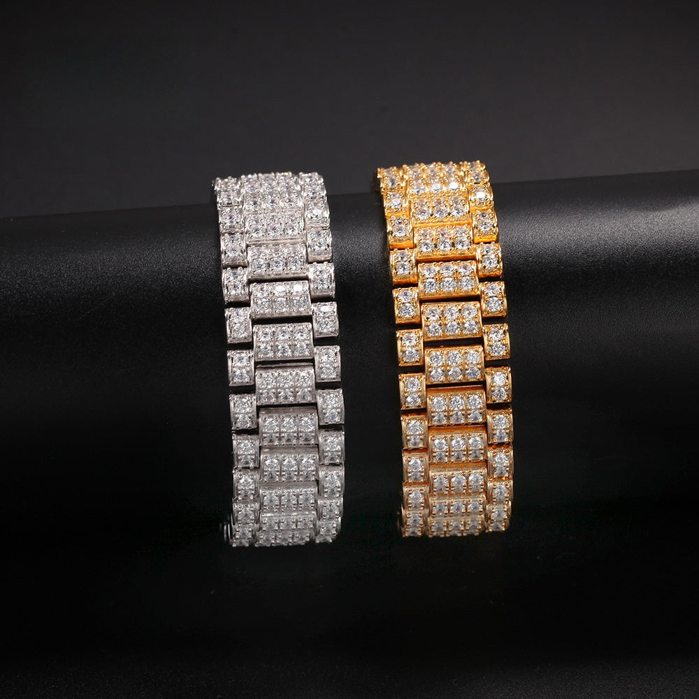 Unisex Iced Out Cubic Zirconia Link Bracelet in Gold Tone or Silver Tone – Hip Hop Statement Chain Bracelet