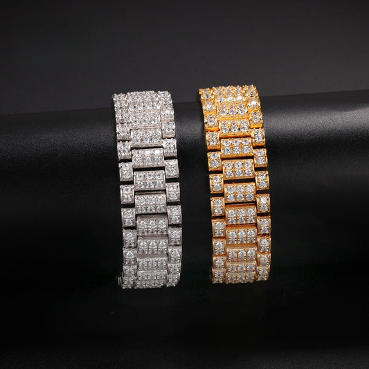 Unisex Iced Out Cubic Zirconia Link Bracelet in Gold Tone or Silver Tone – Hip Hop Statement Chain Bracelet