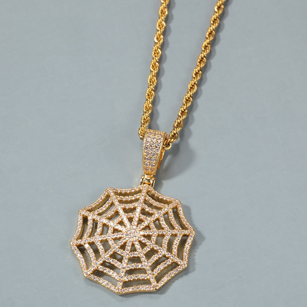 Iced Out Spider Web Pendant Necklace for Women & Men – Cubic Zirconia Statement Chain in Gold Plated or Silver Plated