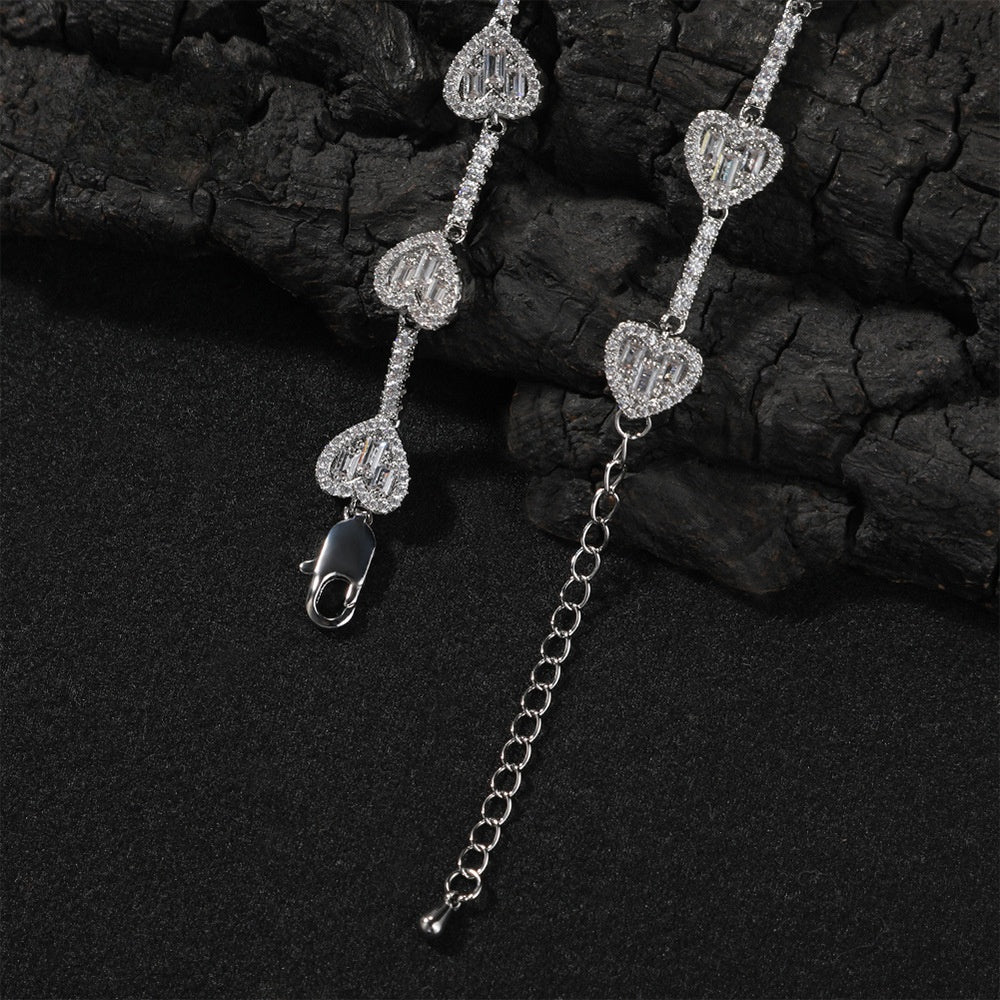 Iced Heart Chain Necklace Bracelet with Cubic Zirconia, Gold or Silver Tone Unisex Statement Jewelry product image