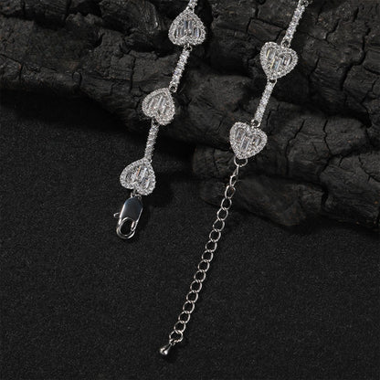 Iced Heart Chain Necklace Bracelet with Cubic Zirconia, Gold or Silver Tone Unisex Statement Jewelry