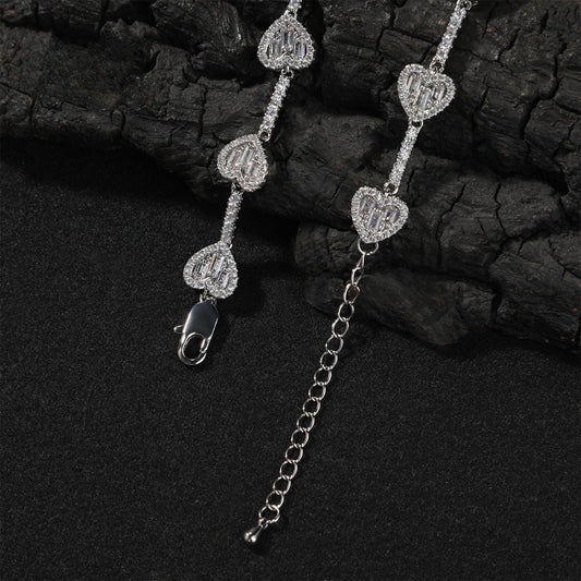 Iced Heart Chain Necklace Bracelet with Cubic Zirconia, Gold or Silver Tone Unisex Statement Jewelry