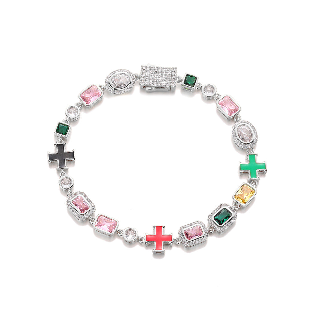 Colorful Cross Charm Link Bracelet, Geometric Gemstone Hip Hop Style product image
