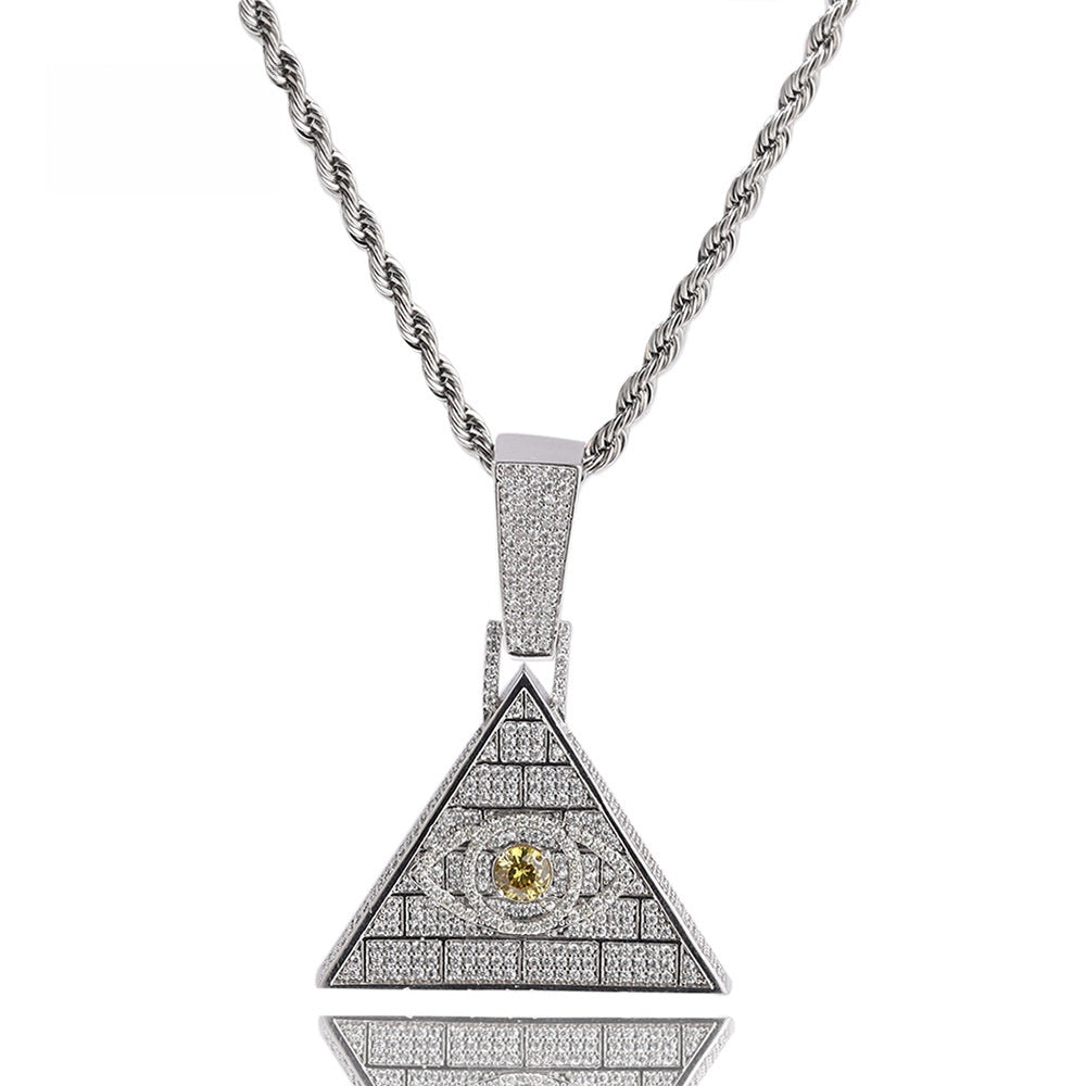 Iced Eye Pendant Necklace with 24 Inch Rope Chain for Women and Men - Gold or Silver Plated Statement Hip Hop Chain